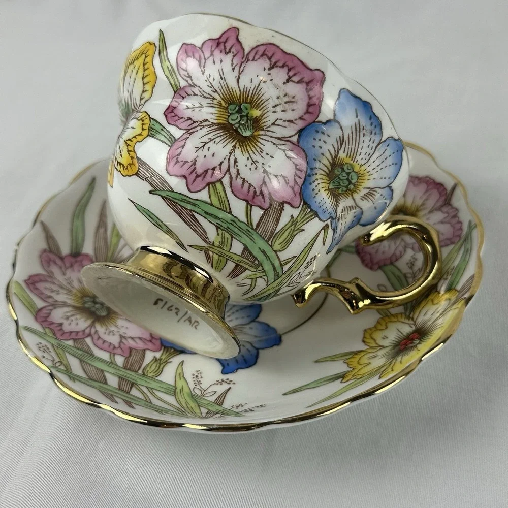 Rosina Bone China Teacup Saucer Set Gold Gilt Floral Cottagecore Grandmillennial